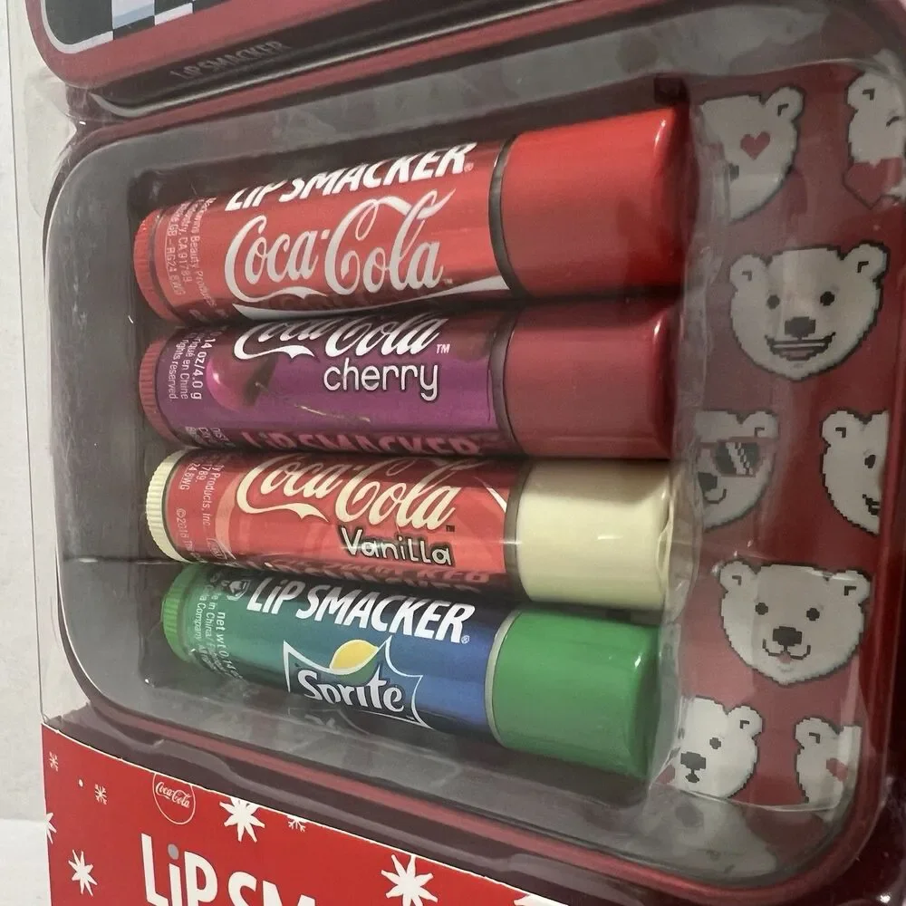 Lip Smacker 4pc Balm Collectible Bear Tin Christmas Coca Cola 2018 NEW Sprite